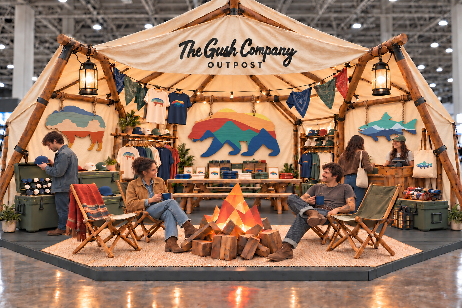 Rustic Gush tradeshow booth with animal graphics, canvas canopy, camp chairs and sculptural campfire