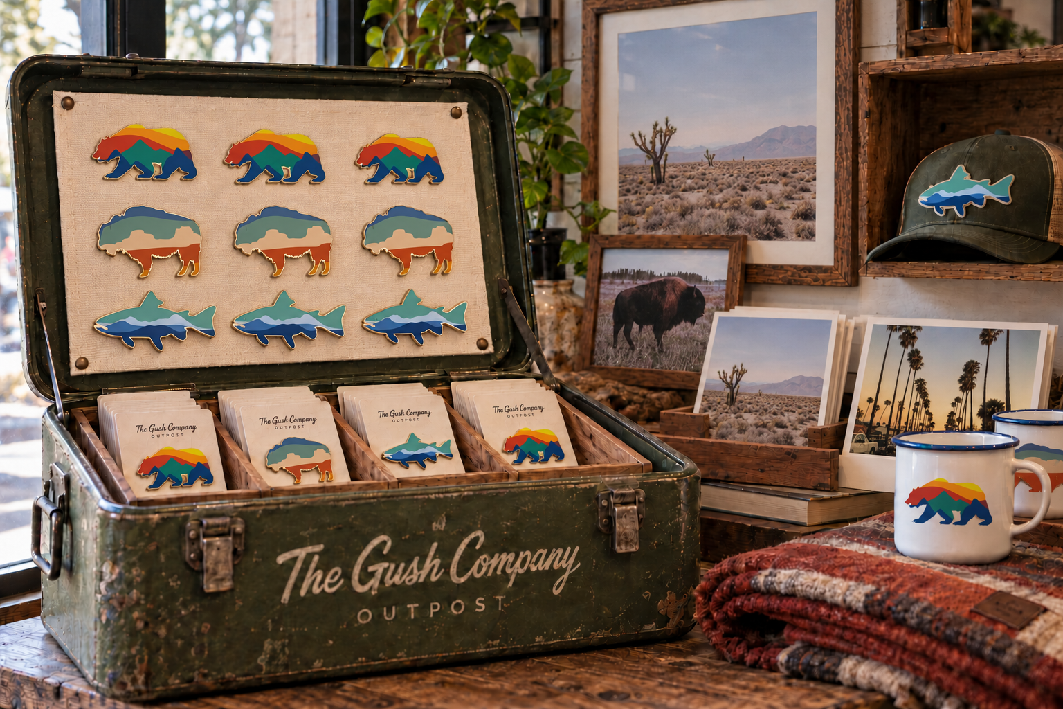 Vintage olive cooler displaying enamel pins alongside mugs and outdoor lifestyle photographs