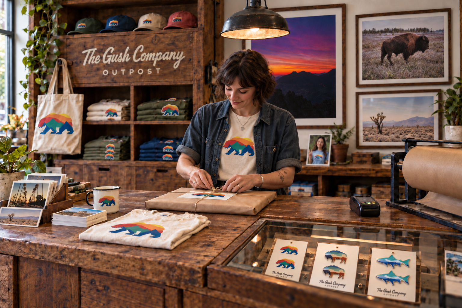 Rustic Gush checkout counter with packaging, accessories and mountain, desert and buffalo photographs