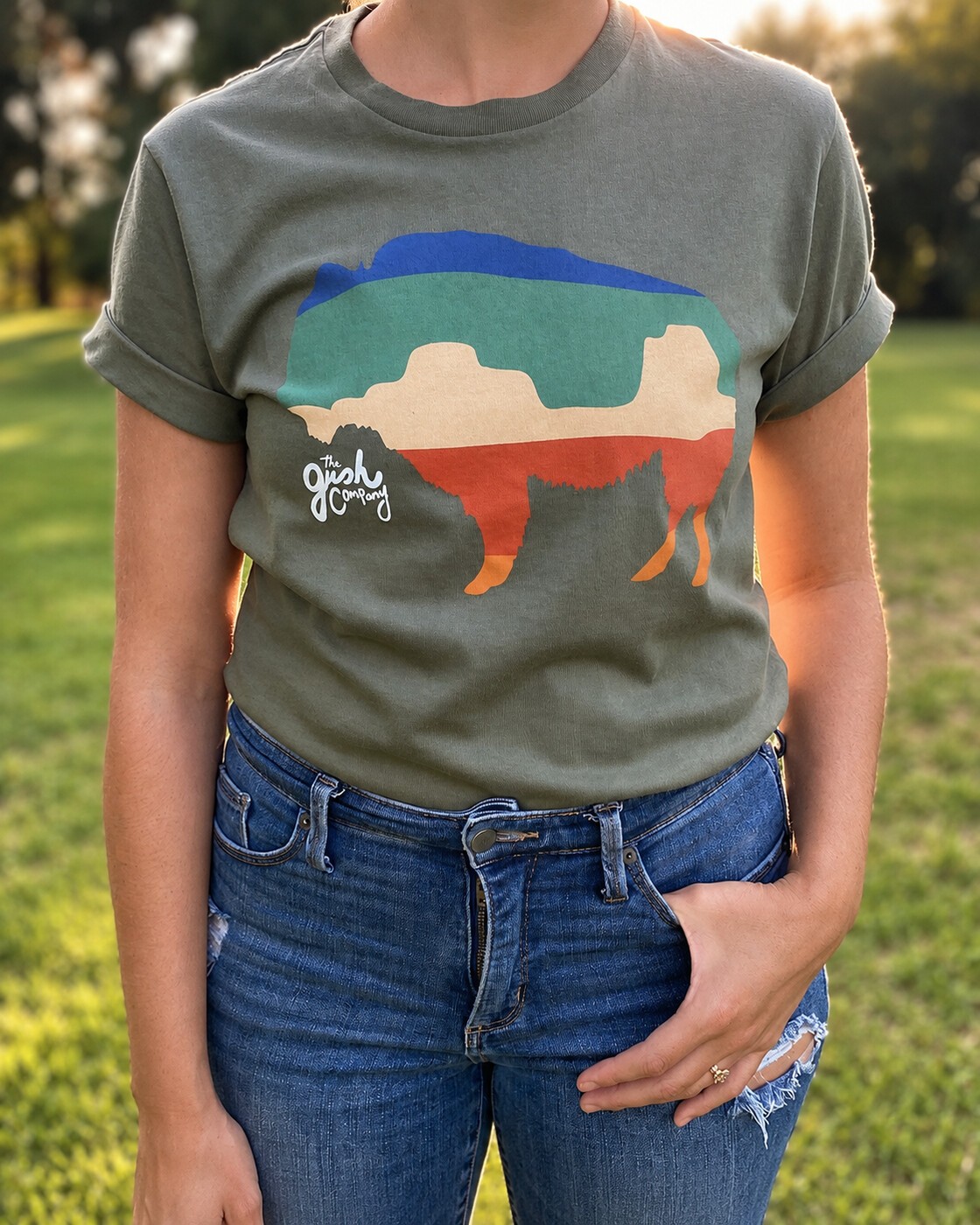 Buffalo graphic on an olive tee