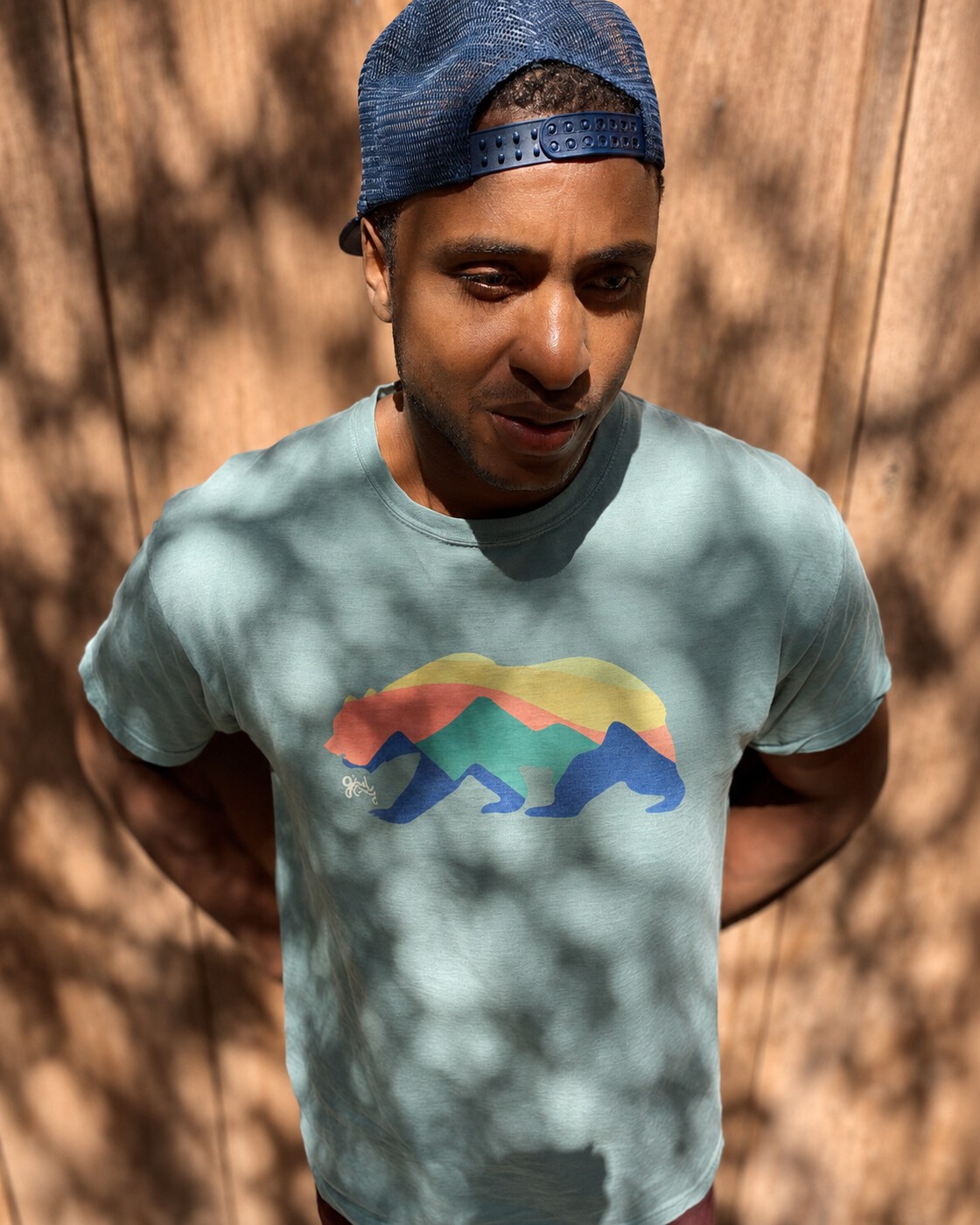 Bear tee in dappled afternoon light