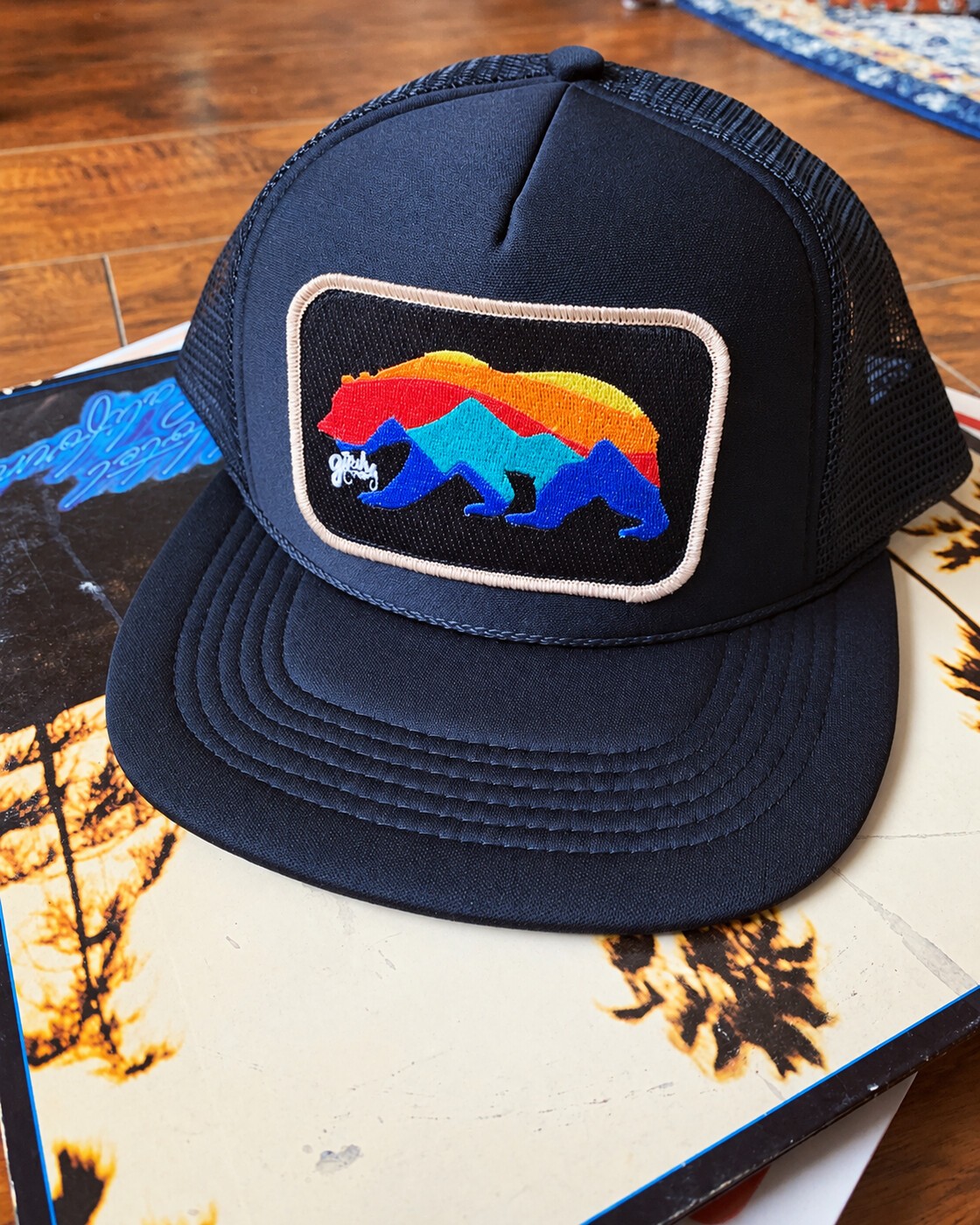 Navy bear hat patch detail