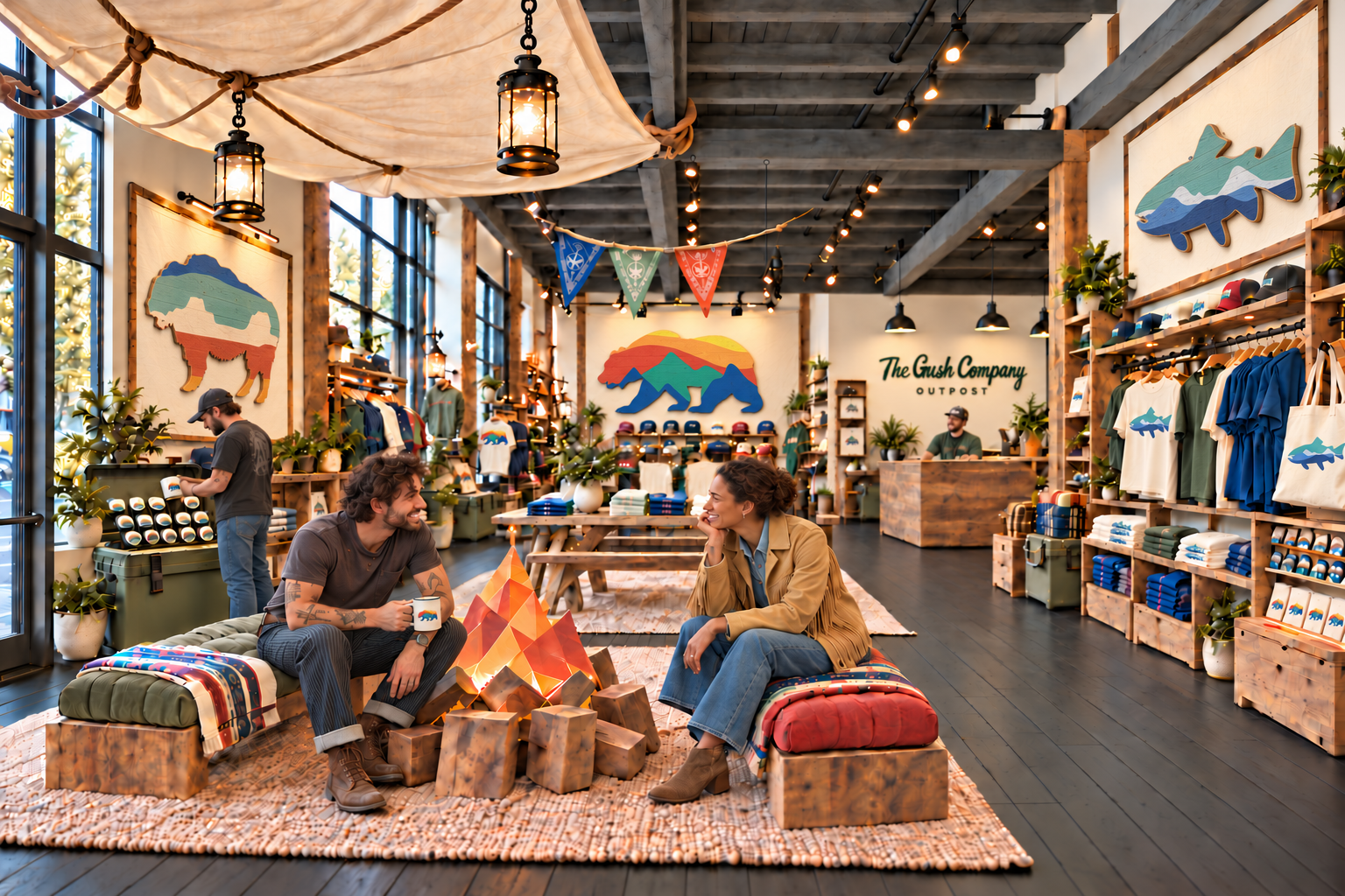 Camp-inspired retail interior with animal graphics, timber merchandise displays and seating around a sculptural campfire