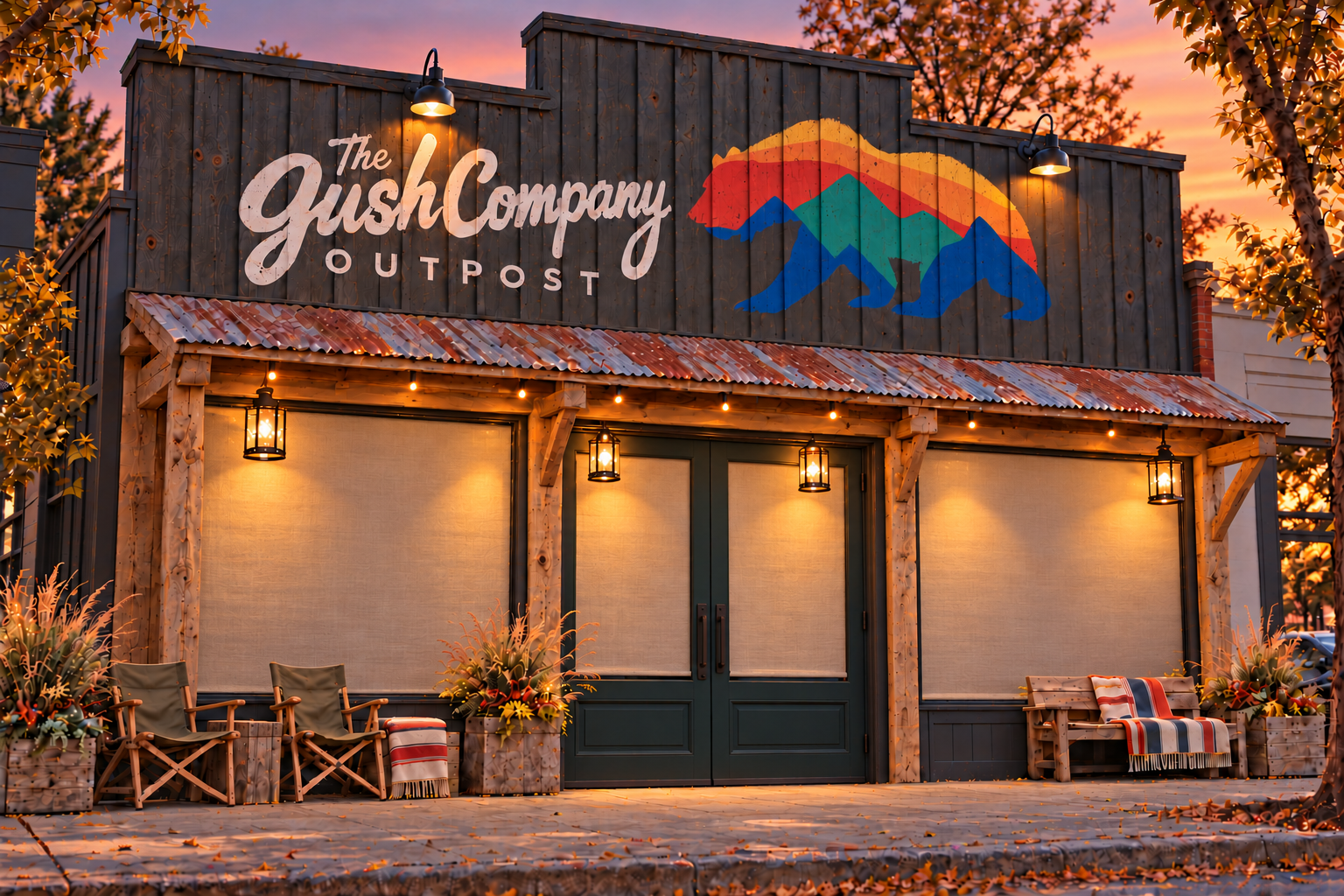 Gush storefront at sunset with closed green doors, canvas window shades, painted bear mural, warm lanterns and empty camp chairs
