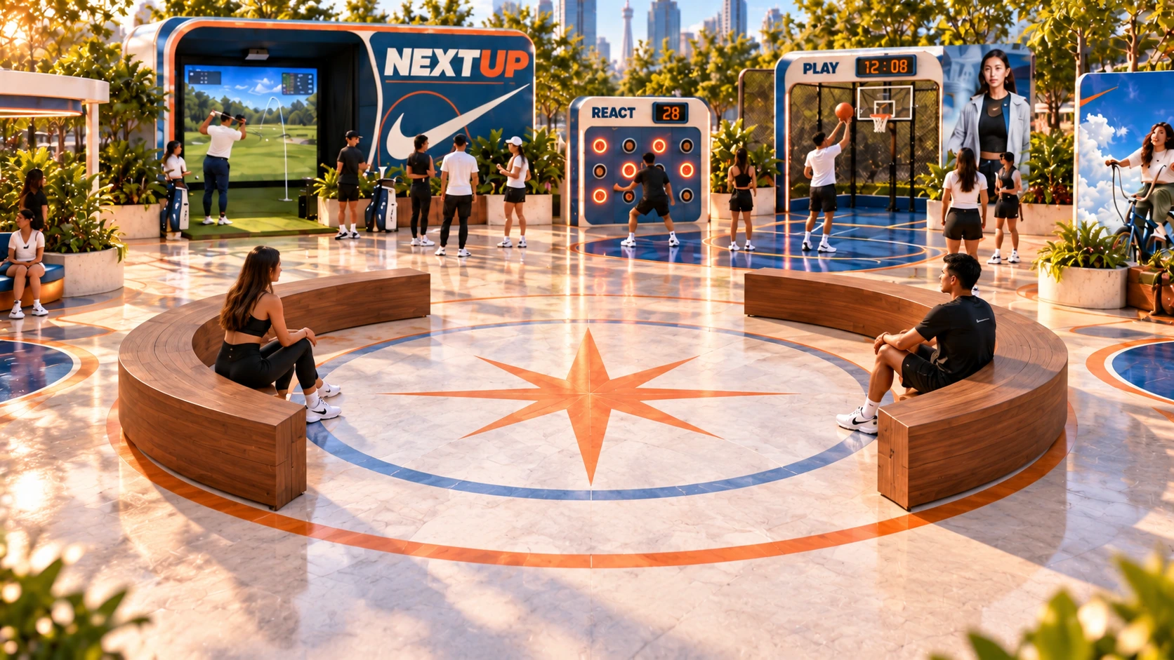 Curved wood benches centered around the orange star and blue circle
