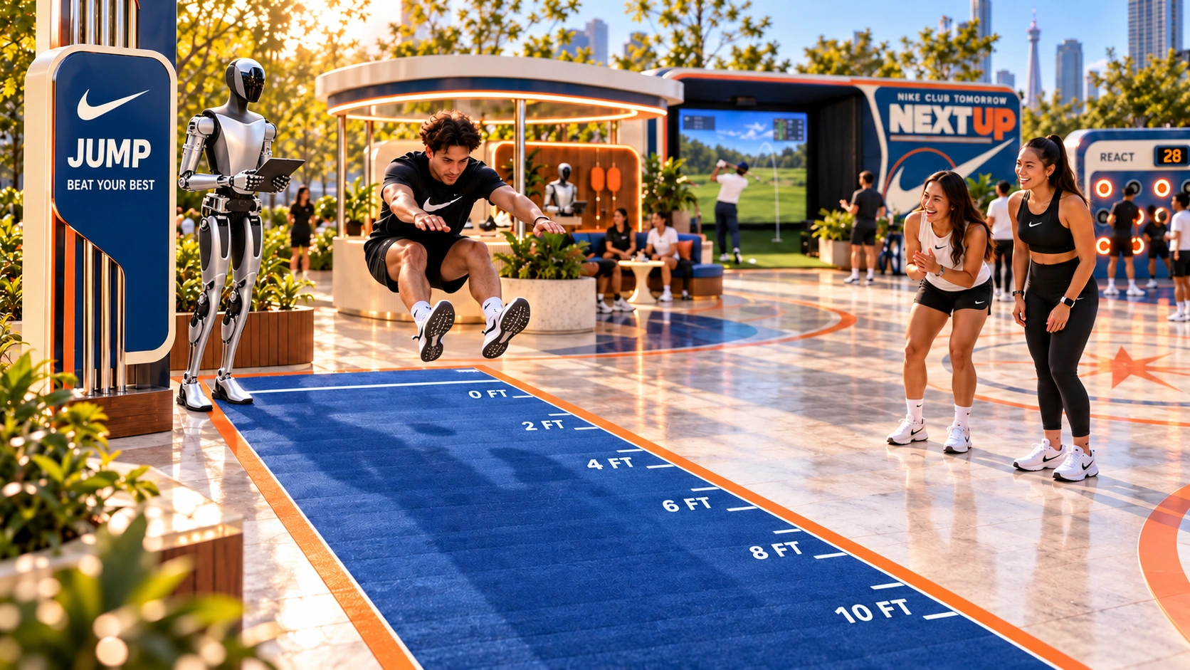 Guest attempting a standing broad jump over the blue distance mat with a silver robot attendant beside a distance mat marked in feet
