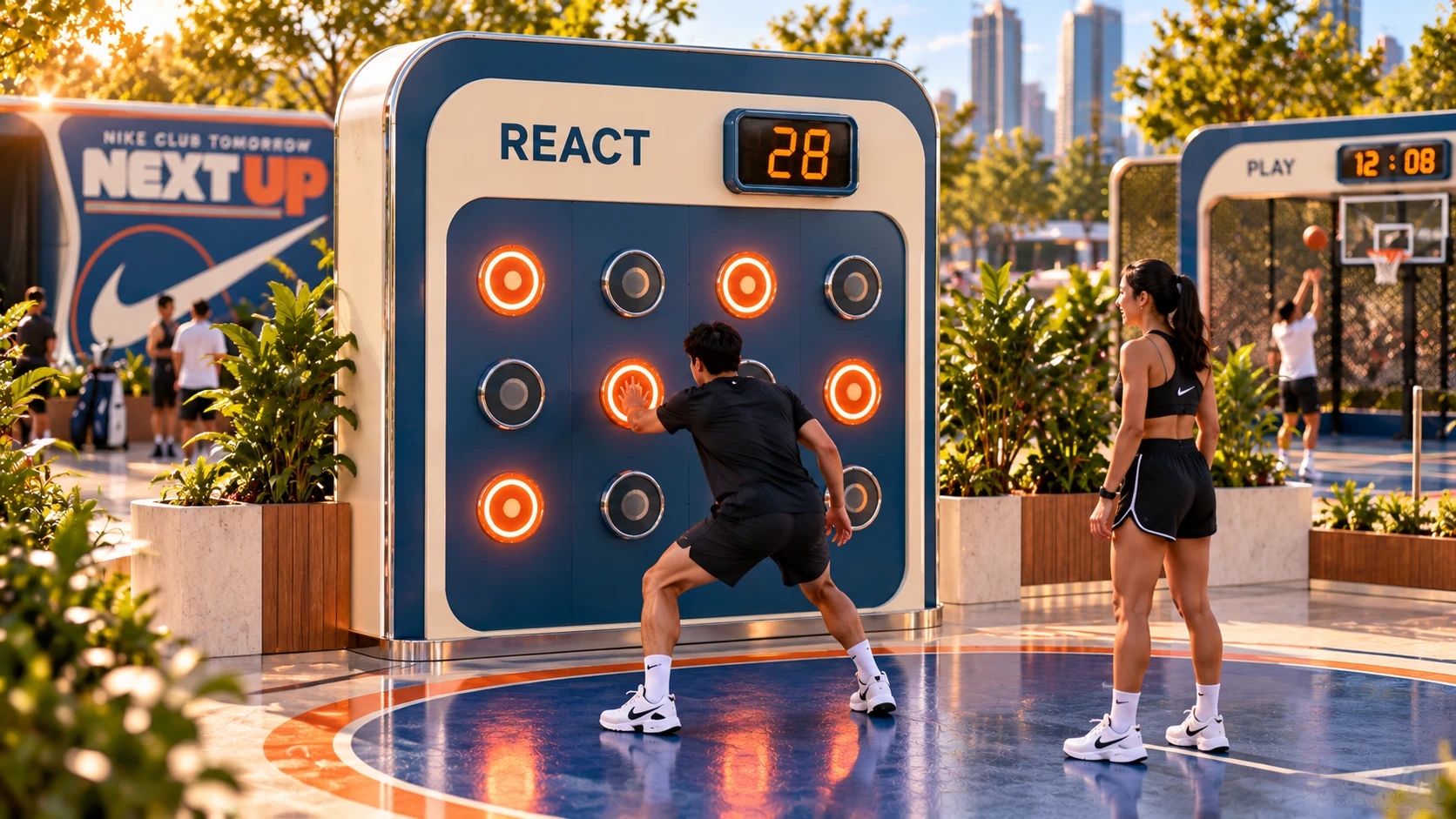 Participant touching illuminated orange targets on the REACT game