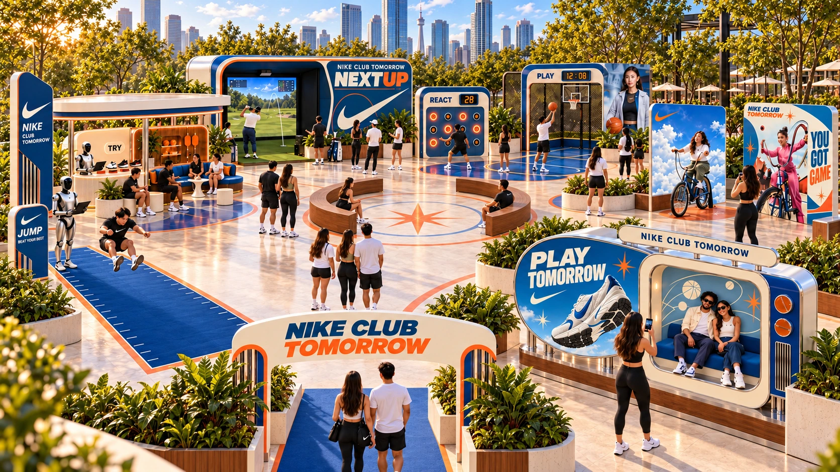 Nike Club Tomorrow sports activation with curved wood benches and silver robot hosts