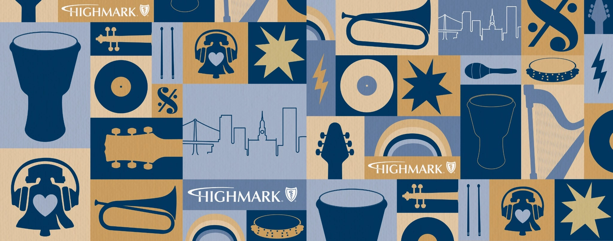 Original blue-and-gold OBOP musical collage pattern