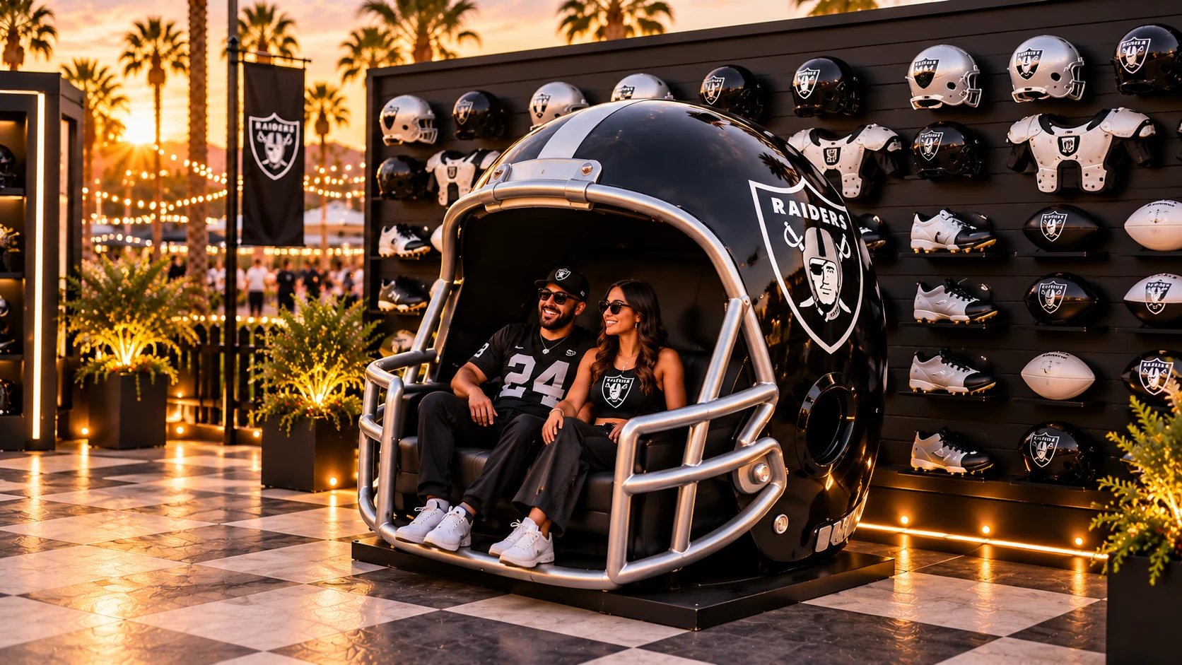Oversized Raiders helmet seat in front of a monochrome sports-equipment wall