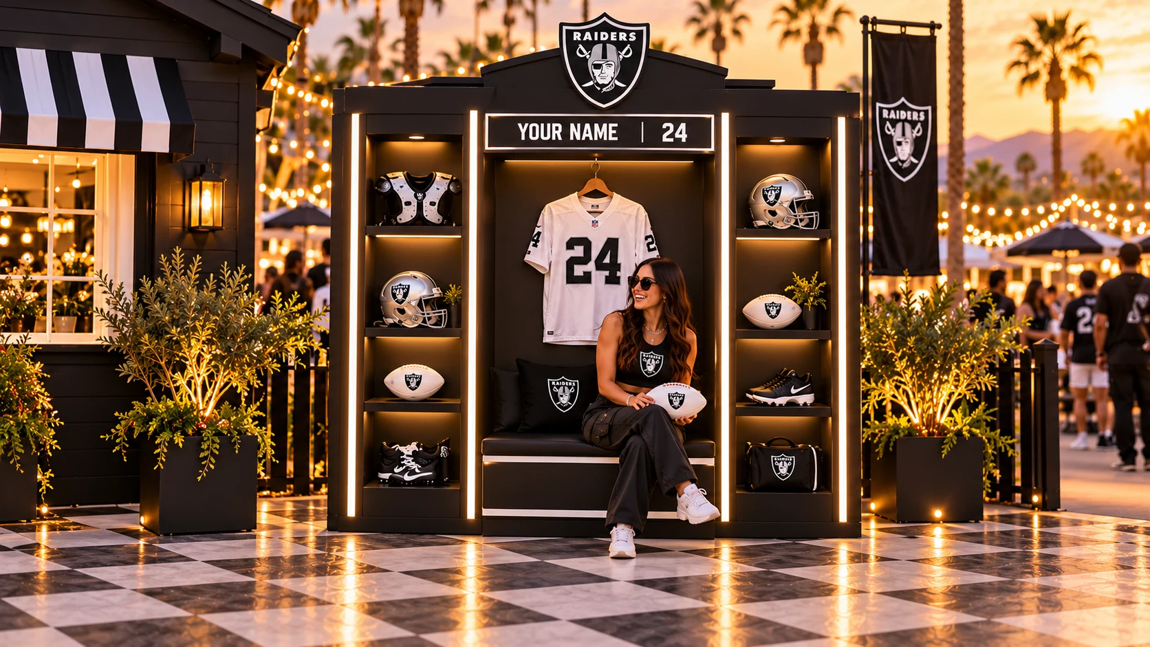 Fan posing beside a personalized jersey in the Raiders locker photo installation