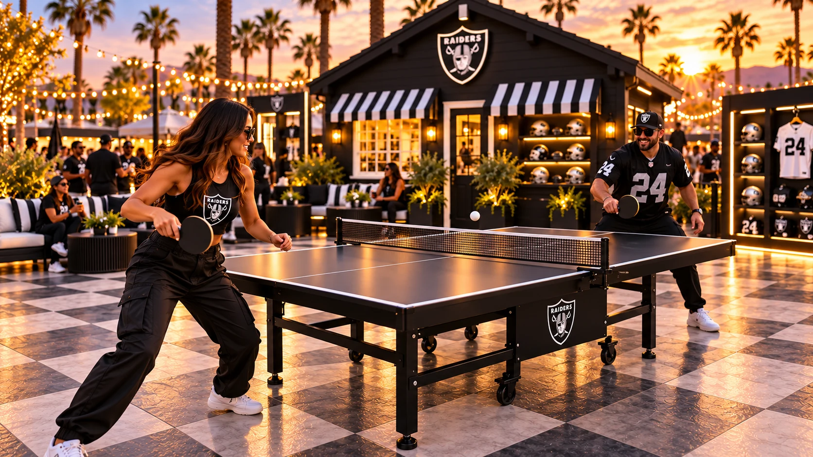 Fans playing on a black and white Raiders ping-pong table