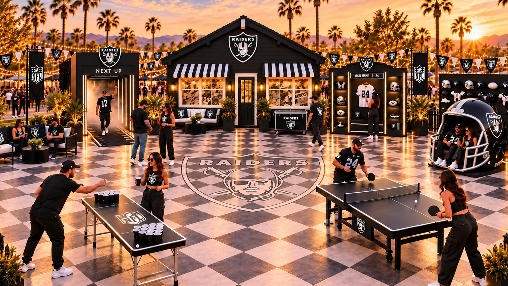 Raiders Game-Day Bungalow spec activation with a checkerboard courtyard and fan experiences